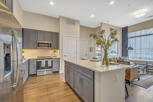 Modern kitchen with stainless steel appliances at Icon Riverwalk Apartments