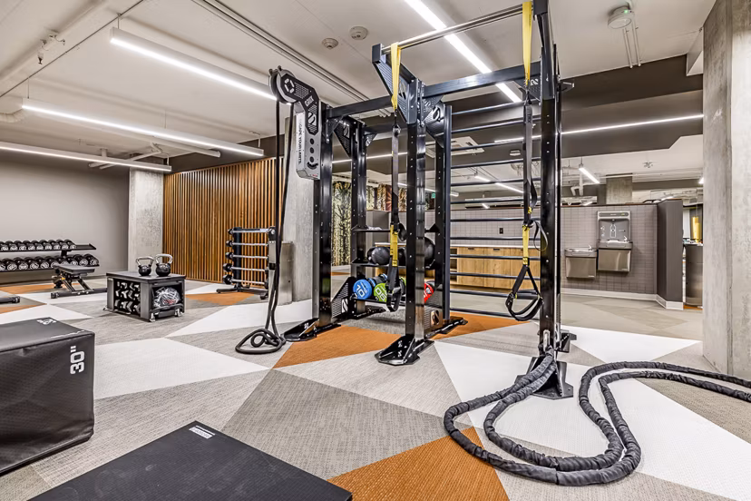 State-of-the-art fitness center at Mason & Main Apartments offers modern equipment for a complete workout experience
