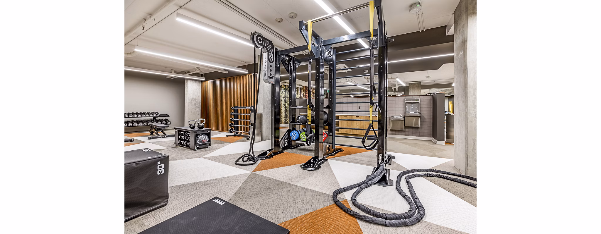 State-of-the-art fitness center at Mason & Main Apartments offers modern equipment for a complete workout experience