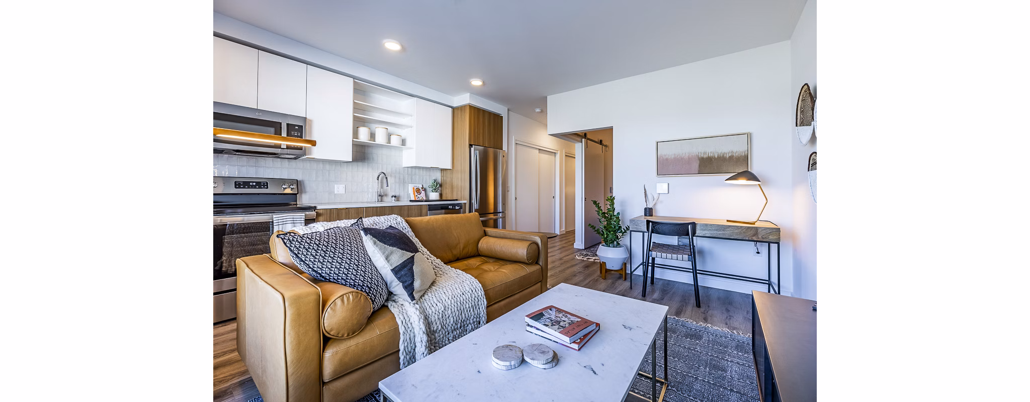 Spacious living room with contemporary design at Mason & Main Apartments