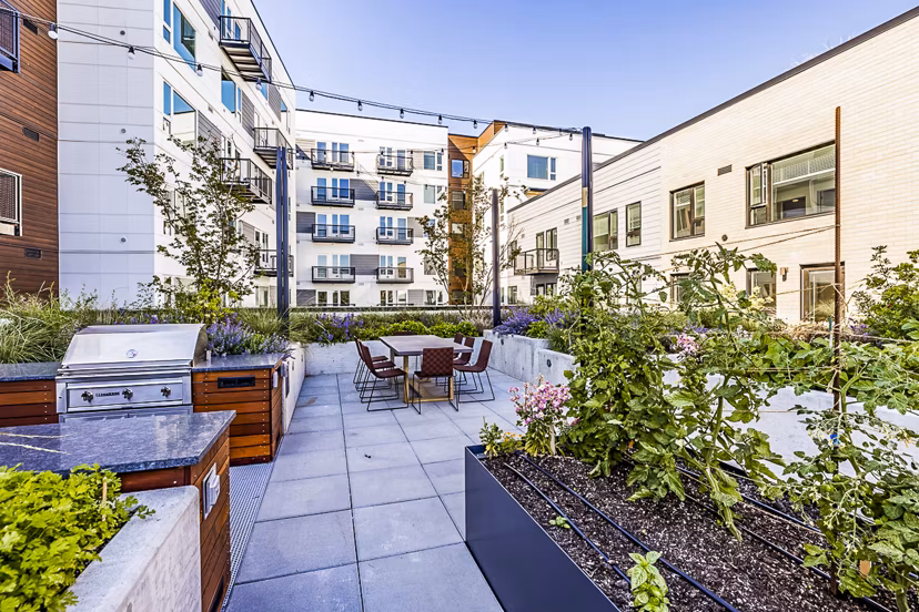 Outdoor grill area and patio at Mason & Main Apartments, ideal for social gatherings and leisure in a luxury setting