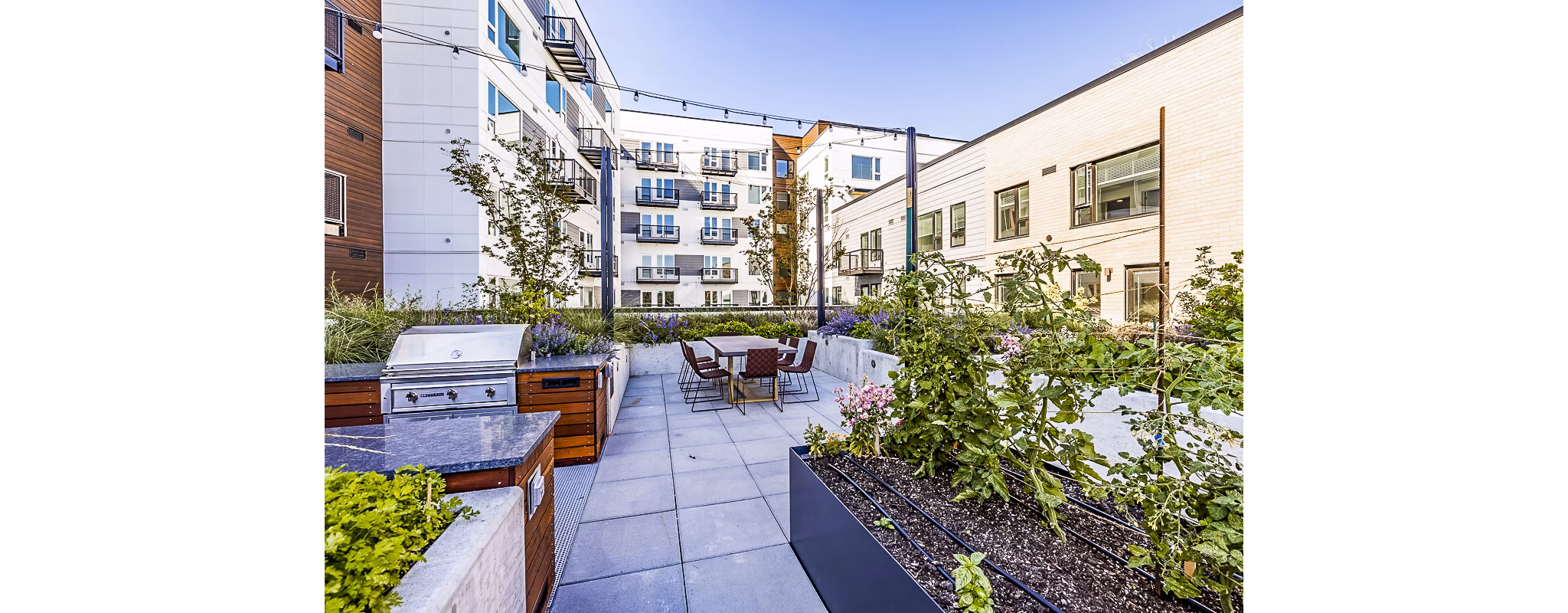 Outdoor grill area and patio at Mason & Main Apartments, ideal for social gatherings and leisure in a luxury setting