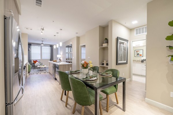 Dining area with modern furnishings at The Core Natomas luxury apartments in Sacramento