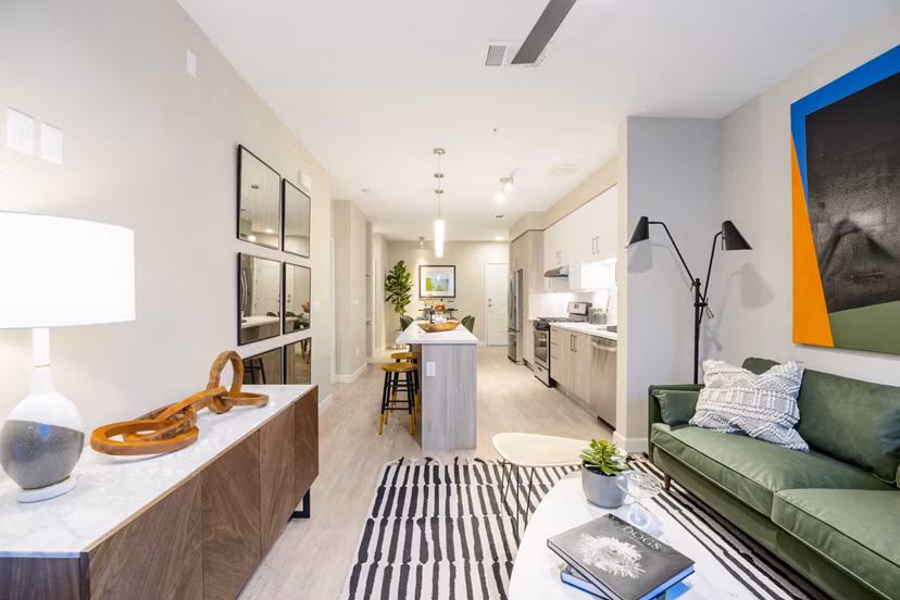 Cozy living room with modern decor at The Core Natomas Apartments, luxury living in Sacramento
