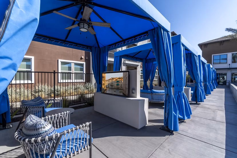 Patio with comfortable seating at The Core Natomas Apartments, a luxury community offering upscale outdoor living spaces