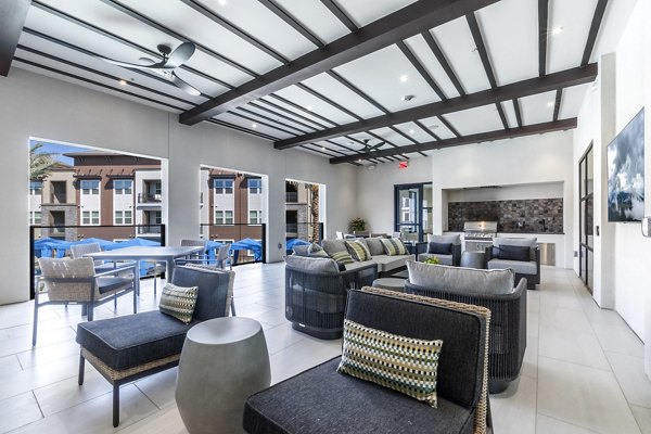 Patio with modern furniture at The Core Natomas Apartments' luxury community