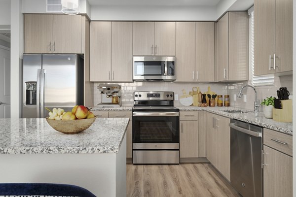Album Marana Apartments kitchen featuring modern appliances and granite countertops, ideal for luxury living at Greystar communities