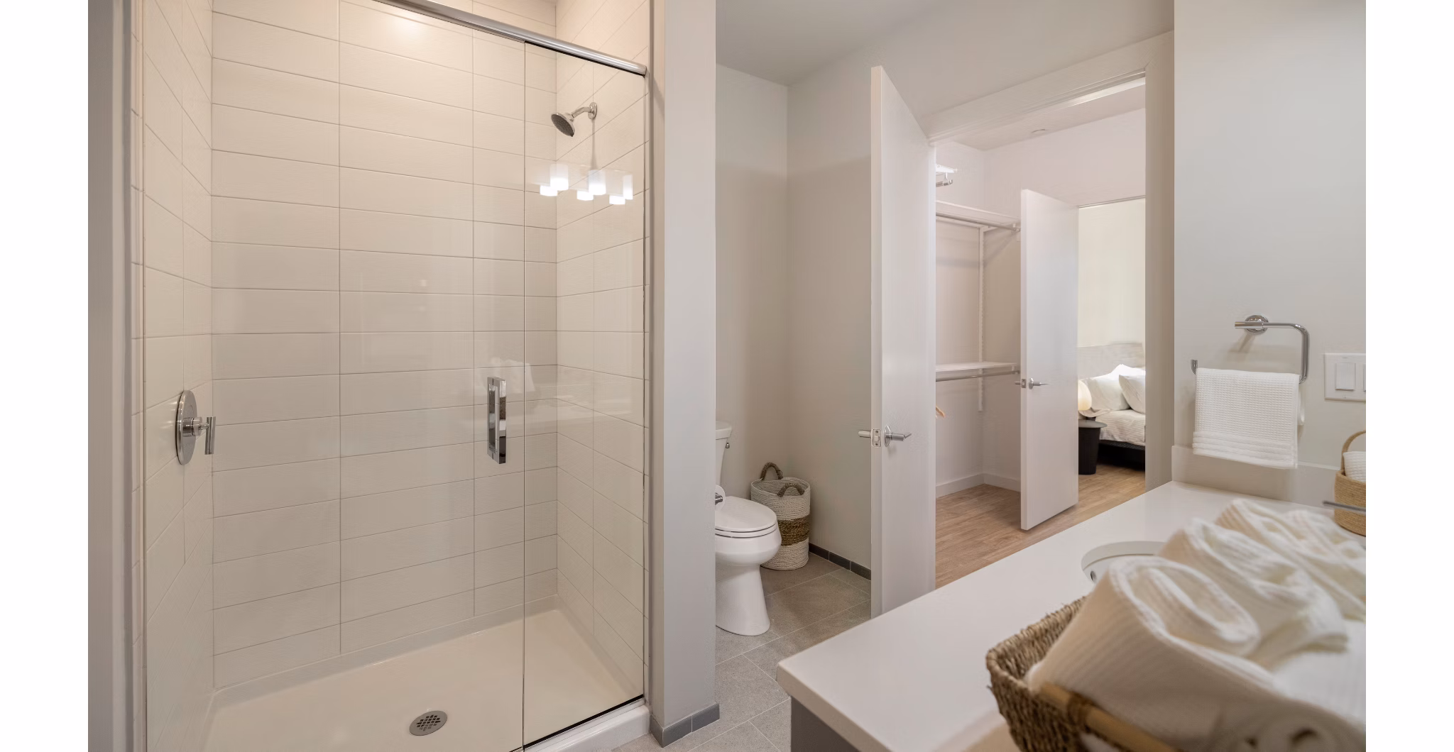 Elegant bathroom with modern fixtures at Darien Commons Apartments, showcasing luxury living in a premium Greystar community