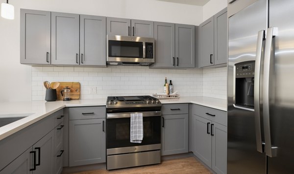 Modern kitchen featuring sleek countertops and stainless steel appliances at Darien Commons Apartments