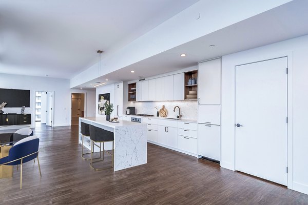Modern kitchen with stainless steel appliances in 212 Stuart Apartments, luxury living in downtown Perfect for culinary enthusiasts and hosting