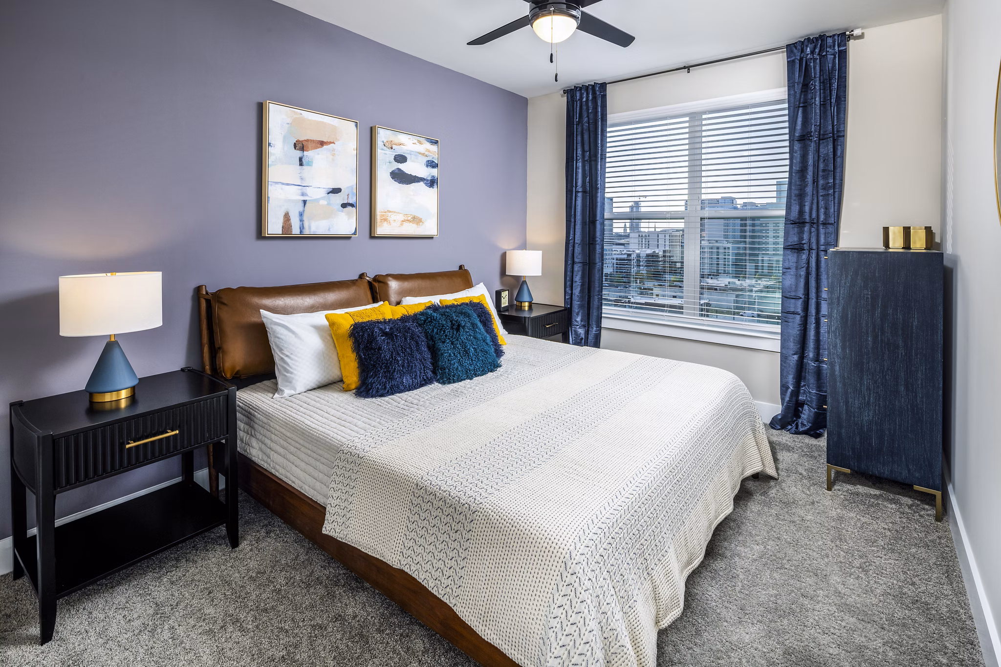 Modern bedroom with chic decor at Broadstone SoBro Apartments, a luxury Greystar residence in vibrant downtown Nashville