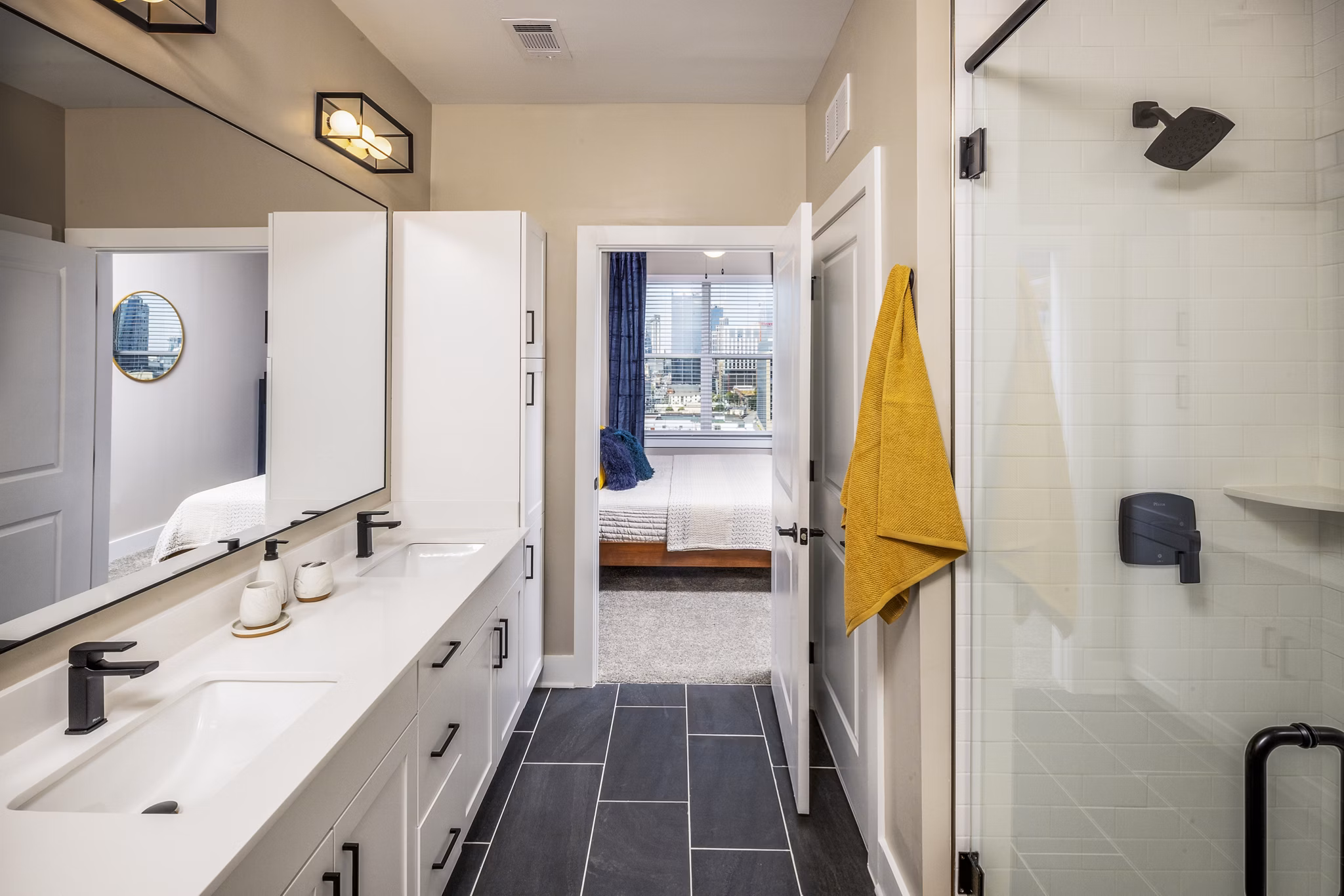 Contemporary bathroom with sleek fixtures at Broadstone SoBro Apartments