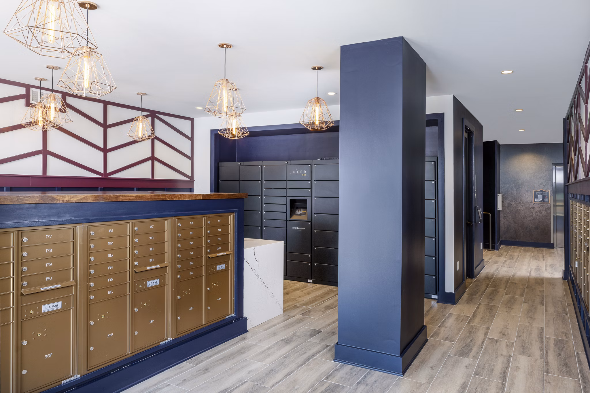 Mail room with secure package lockers at Broadstone SoBro Apartments, Nashville