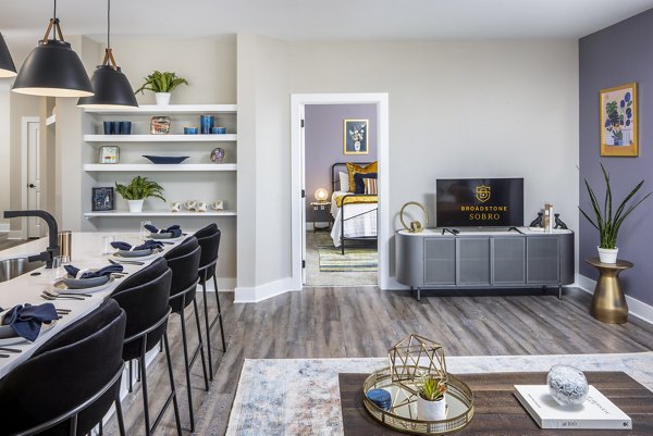 Open-concept living room with modern decor at Broadstone SoBro Apartments, ideal for luxury living in a vibrant urban setting