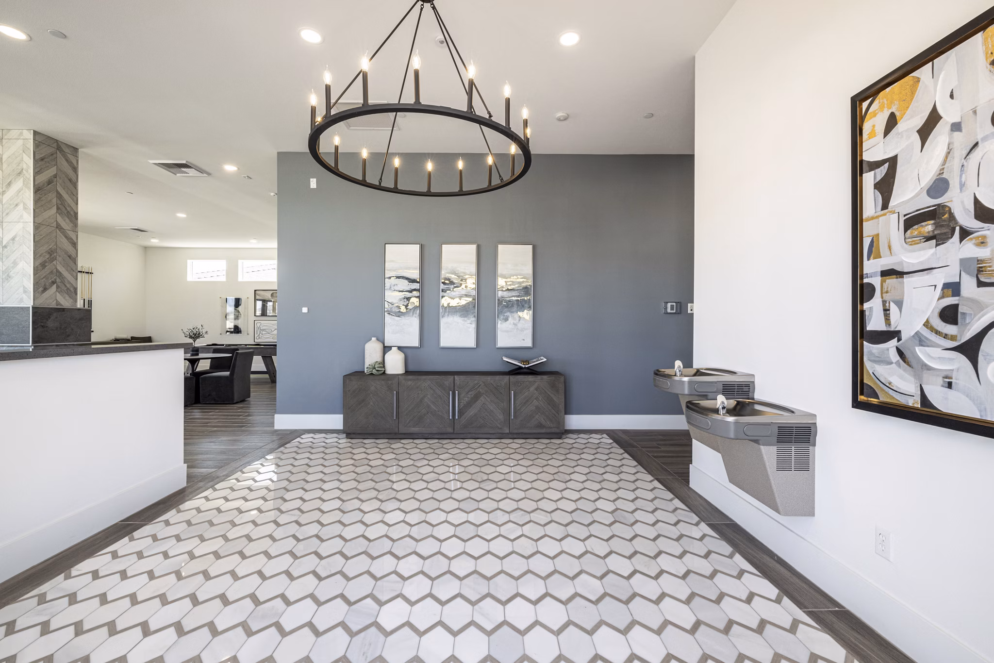 Clubhouse and lobby with modern design elements at Vello Valley BTR single apartment townhomes