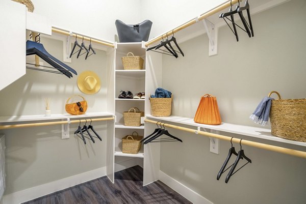 Walk-in closet with ample storage space in Cadence at Frisco Station Apartments