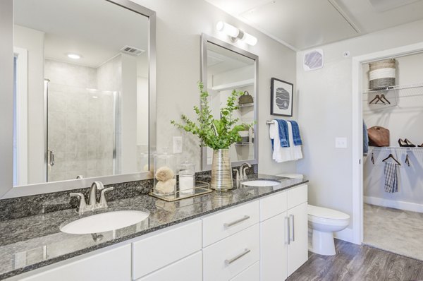 Modern bathroom with sleek fixtures at The Link at Twin Creeks Apartments