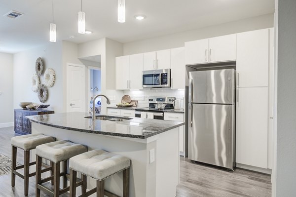 Modern kitchen with stainless steel appliances at The Link at Twin Creeks Apartments
