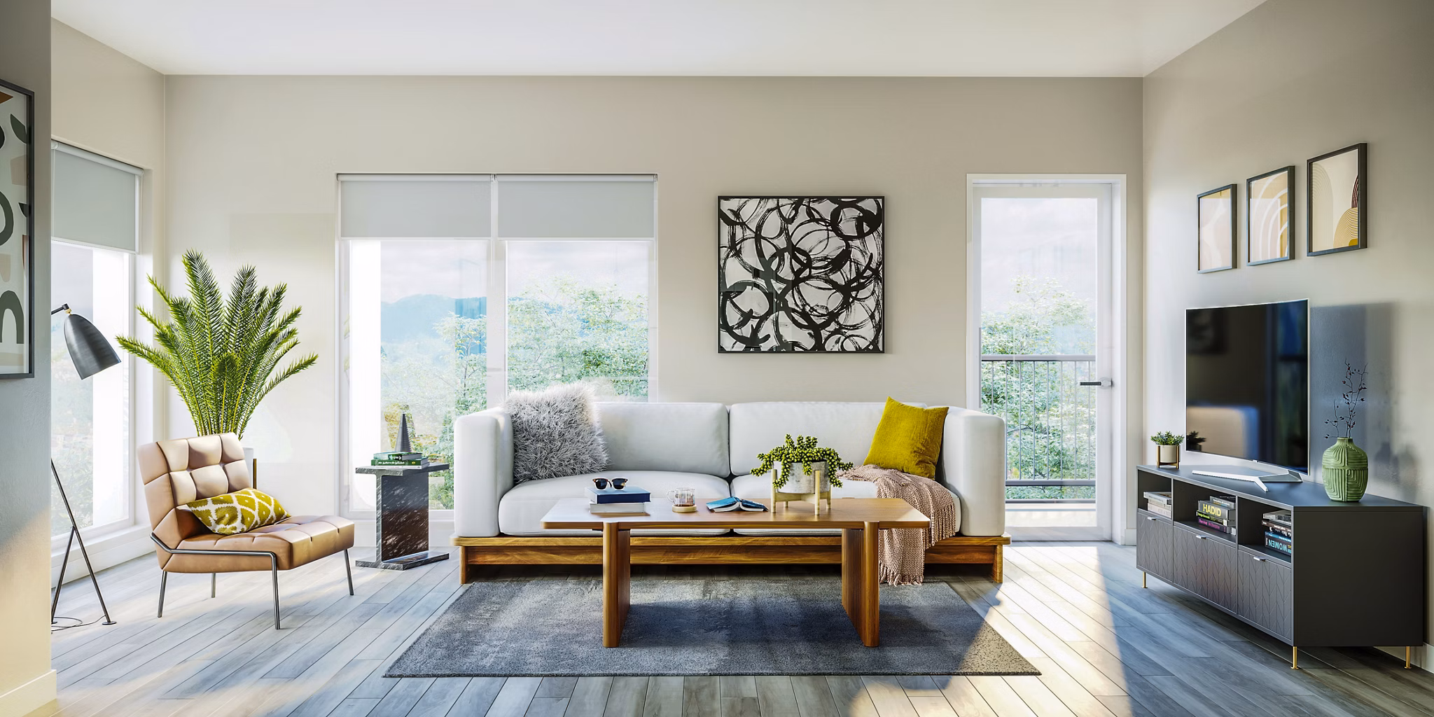 living room rendering at Beyond Woodbury Apartments