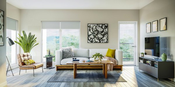 living room rendering at Beyond Woodbury Apartments