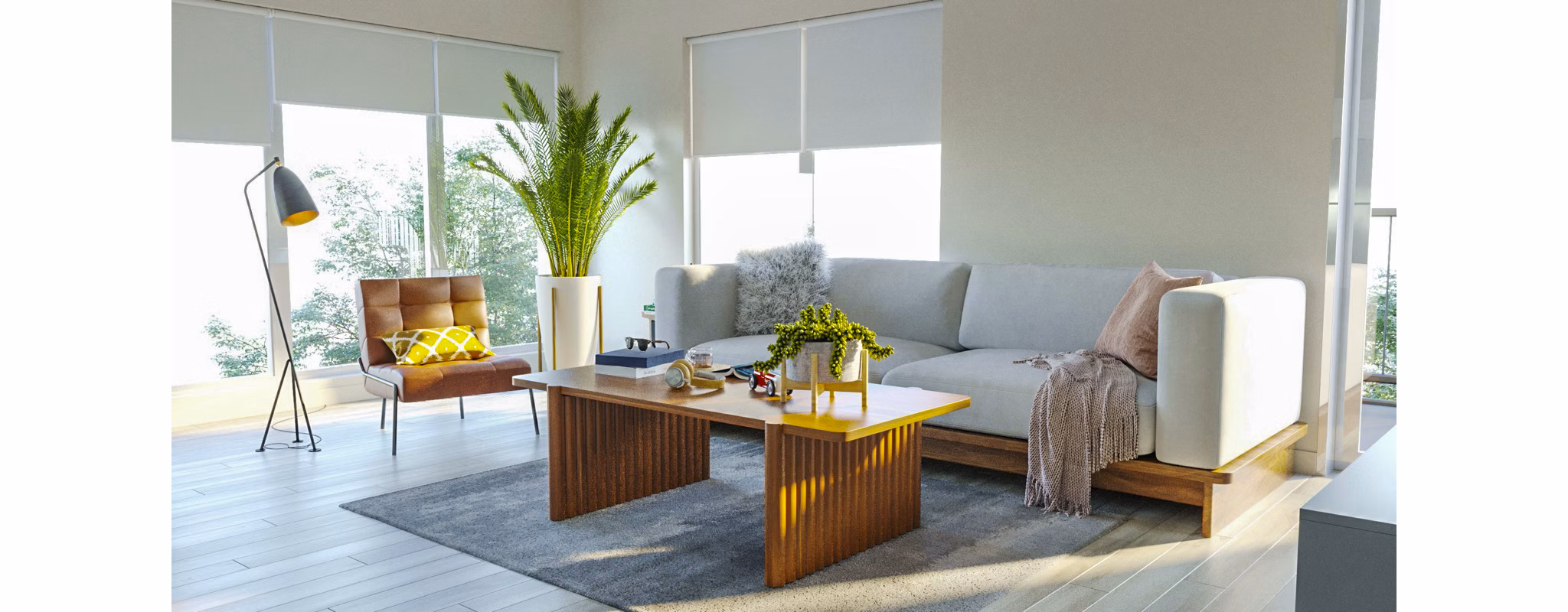 living room rendering at Beyond Woodbury Apartments