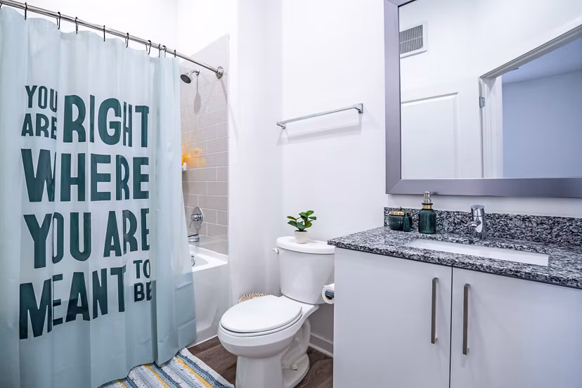 Modern bathroom with sleek fixtures at The Accolade Collegiate Village West Apartments, offering luxury living spaces