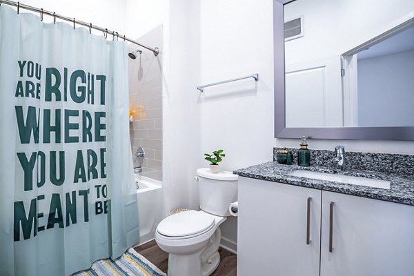 Modern bathroom with sleek fixtures at The Accolade Collegiate Village West Apartments, offering luxury living spaces