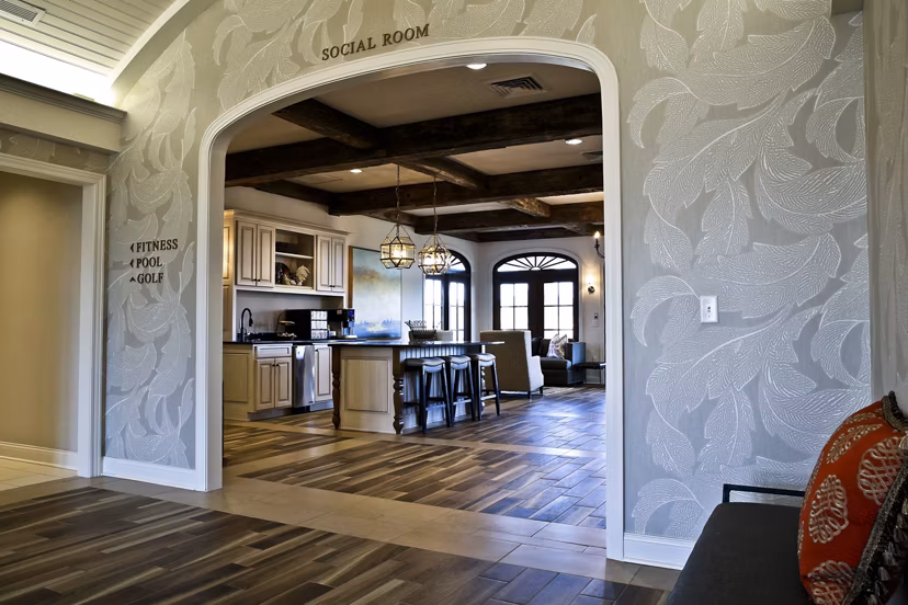 Clubhouse at Savannah West Apartments featuring elegant lounge areas and modern design elements for luxury living in Kansas City