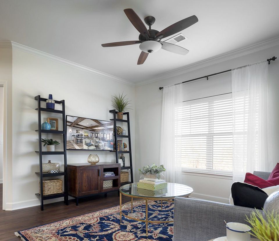 Spacious living room with modern decor in Savannah West Apartments, offering comfort and style in luxury urban living