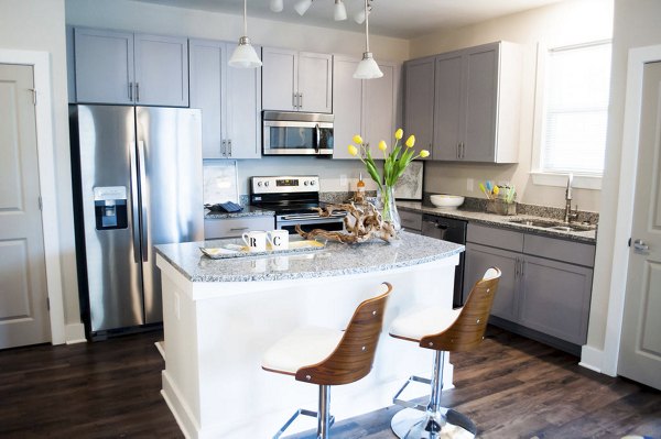 Modern kitchen with stainless steel appliances and quartz countertops at The Arden Apartments in luxury community