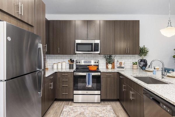 Modern kitchen with stainless steel appliances in Album Huntersville Apartments