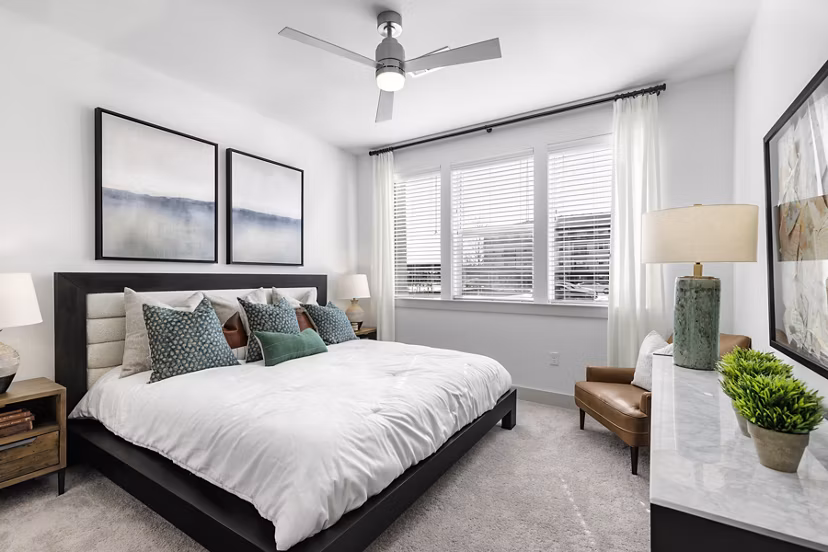 Spacious bedroom with modern furnishings at The Vaughan Apartments, Greystar luxury apartments in a prime location