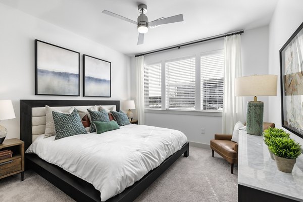 Spacious bedroom with modern furnishings at The Vaughan Apartments, Greystar luxury apartments in a prime location