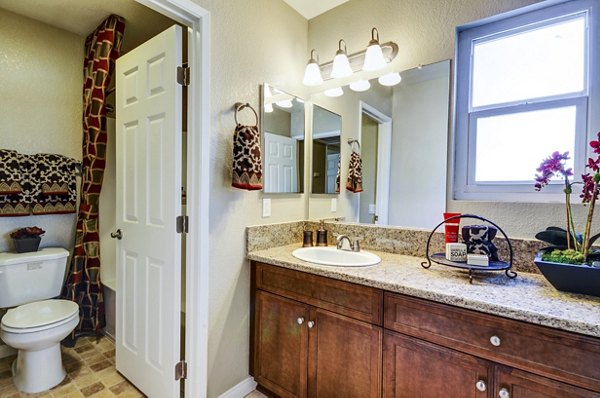 Modern bathroom with sleek fixtures at Adagio Apartments, a luxury residence in a vibrant community