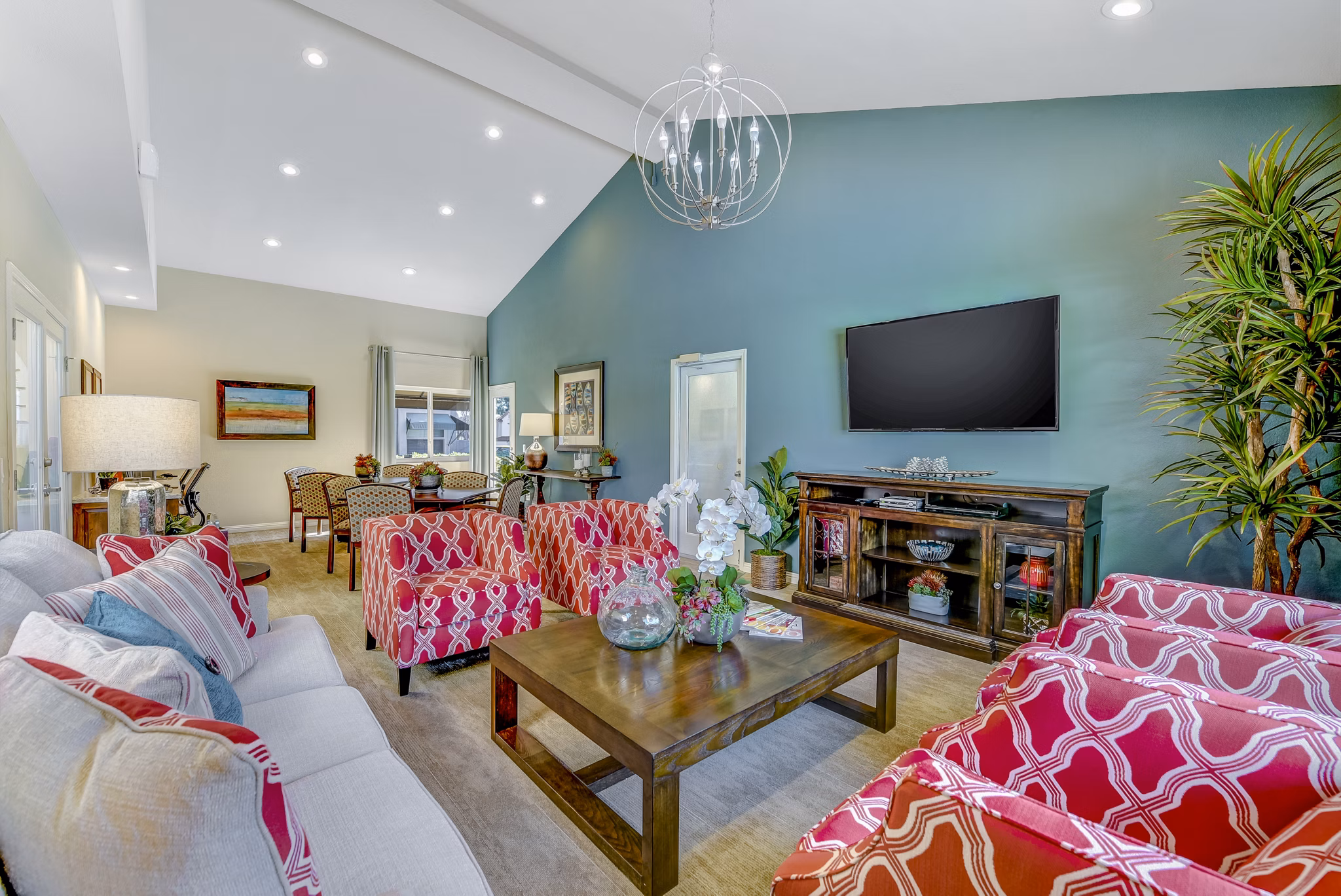 Clubhouse with modern furnishings at Adagio Apartments, luxury community living in a scenic environment