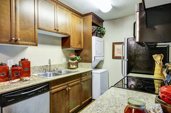 Modern kitchen featuring stainless steel appliances and granite countertops in Adagio Apartments luxury community