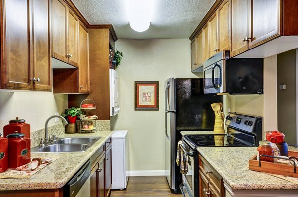 Modern kitchen with sleek countertops and stainless steel appliances at Adagio Apartments