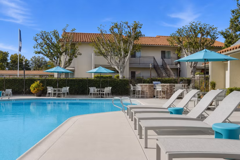 Resort-style heated pool at Adagio Apartments with luxurious lounge area and landscaped surroundings