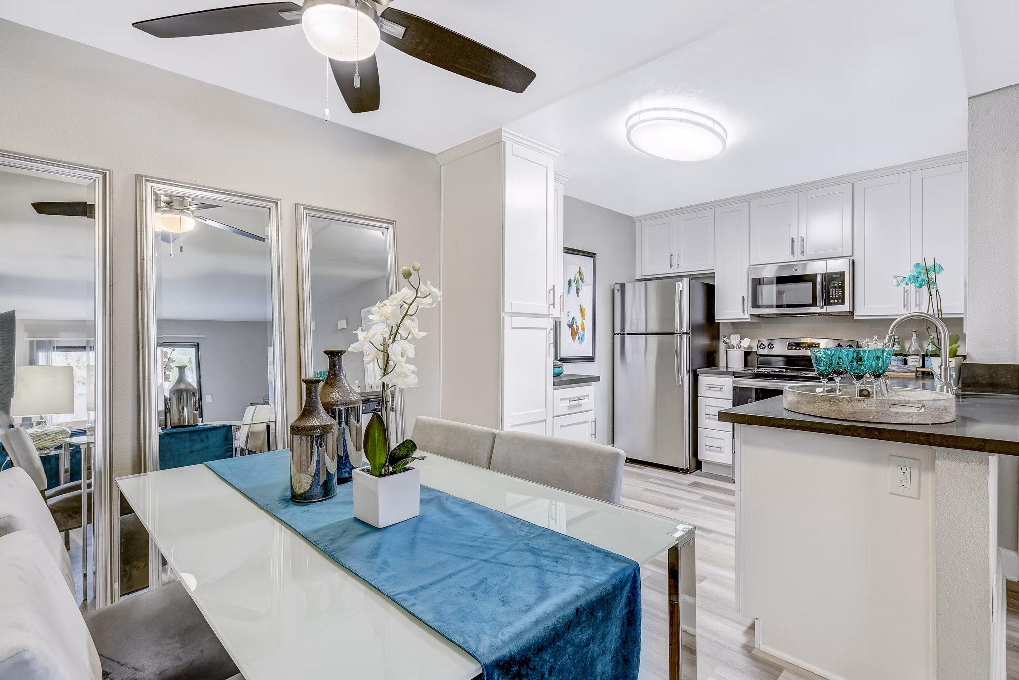 Dining room with modern furnishings at Altair Apartments in vibrant neighborhood