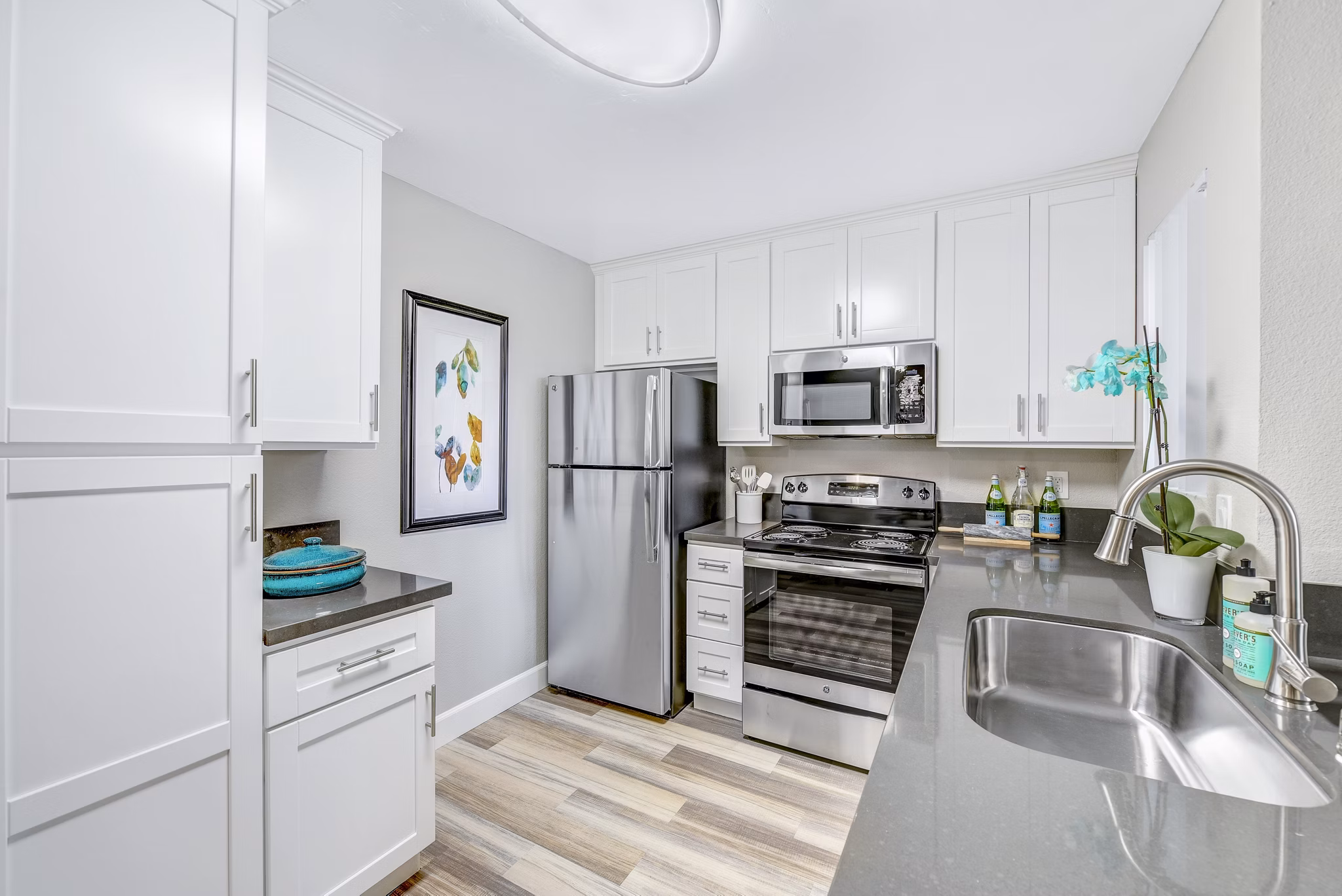 Modern kitchen with stainless steel appliances in Altair Apartments