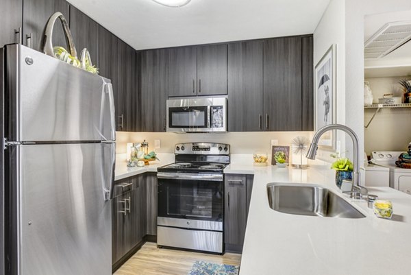 Modern kitchen featuring stainless steel appliances and granite countertops at Altair Apartments