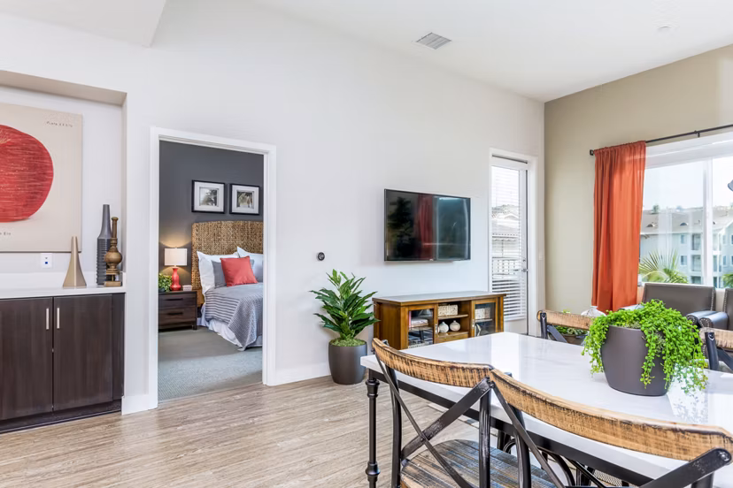 Dining room with modern furnishings at Altura Apartments, a Greystar luxury community in a vibrant location