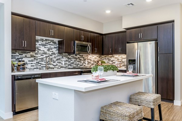 Modern kitchen with sleek cabinetry and stainless steel appliances at Altura Apartments in a luxury Greystar community
