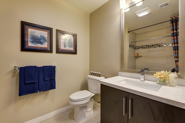 Modern bathroom with sleek fixtures at Avino Apartments, Greystar luxury living