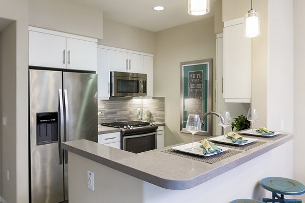 Modern kitchen with stainless steel appliances at Avino Apartments luxury community