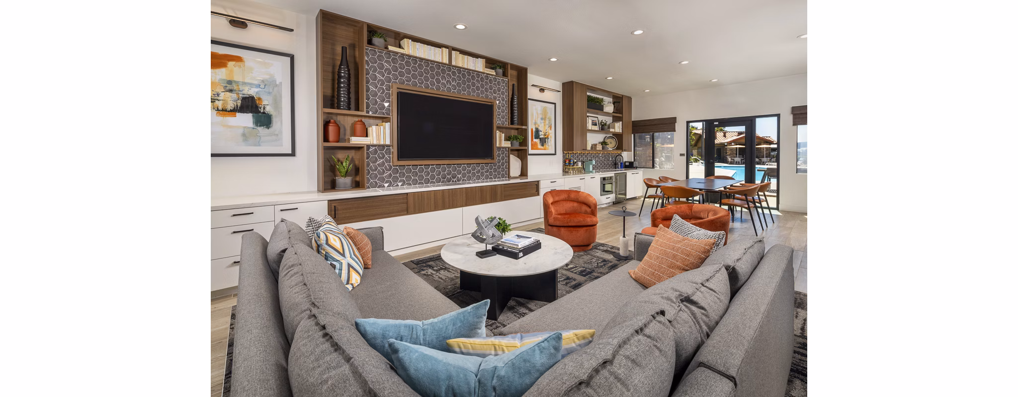 Bella Terra Apartments: Modern clubhouse with elegant design and comfortable seating areas, a signature feature of luxury living