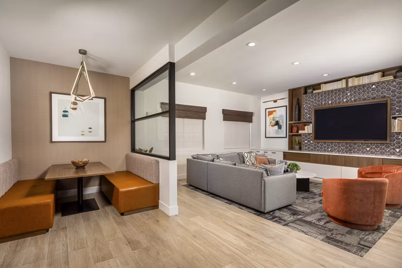 Clubhouse featuring modern decor and cozy seating at Bella Terra Apartments