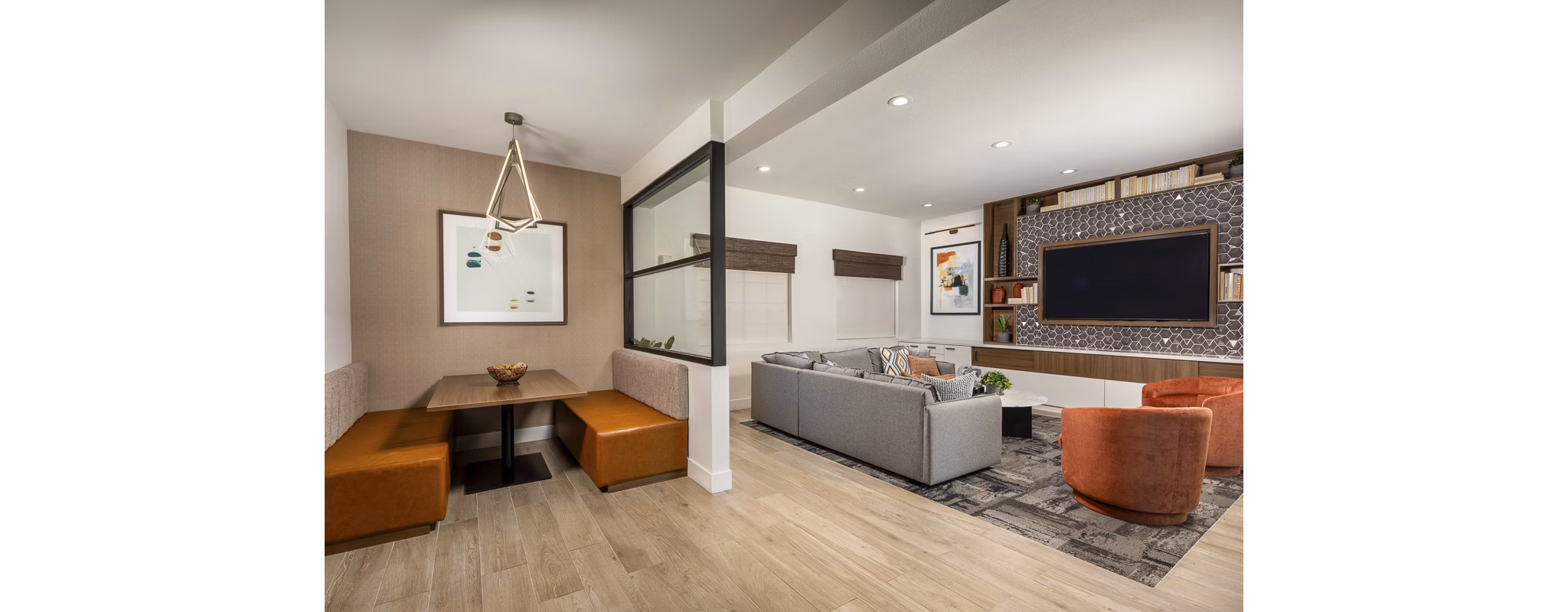 Clubhouse featuring modern decor and cozy seating at Bella Terra Apartments