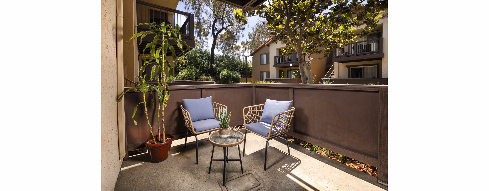Patio with modern seating and lush greenery at Bella Terra Apartments, a luxury community offering upscale amenities and stylish living spaces