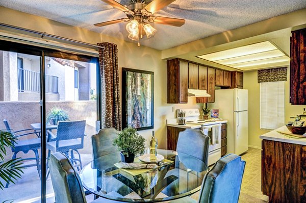 Dining room with modern furnishings at The Casas Apartments, ideal for luxury living and entertaining